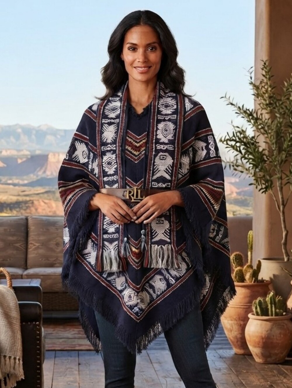 NWOT Tejidos Diaz Ecuador Ethnic Wool Fringe Scarf Poncho O/S Old Money Navajo